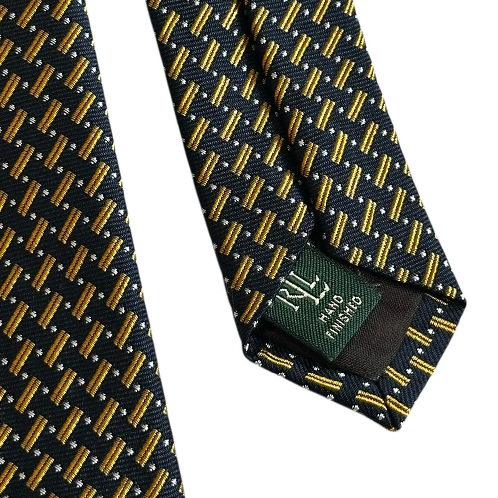 Lauren Ralph Lauren luxury 100% silk navy and gold patterned tie - Picture 3 of 11